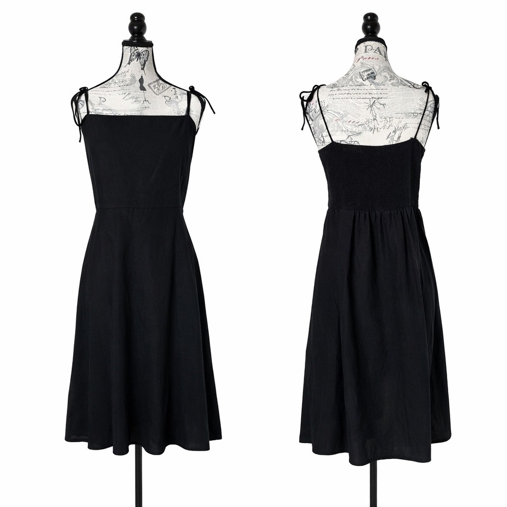 Old Navy Midi Dress Women XL Black Linen‎ Blend Tie Shoulder Smocked Back Summer